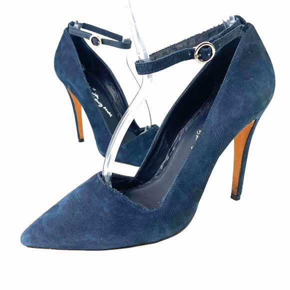 ALICE + OLIVIA Makayla Navy Blue Kid Suede Ankle Strap Stilettos - Picture 11 of 11